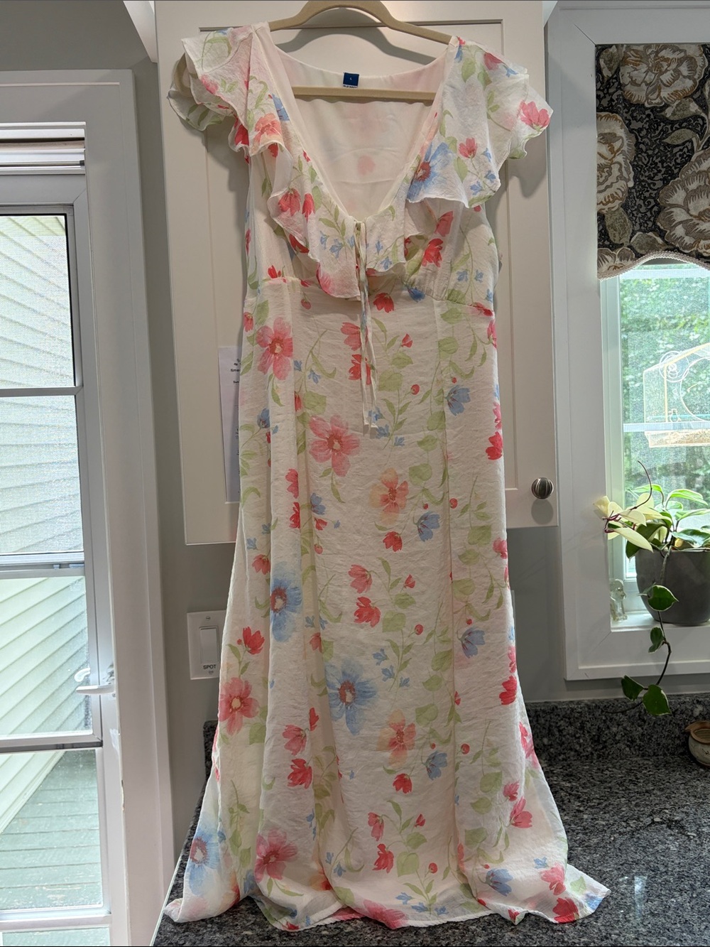 Old Navy Floral Ruffle Maxi Dress - Ivory with Pink & Blue Flowers